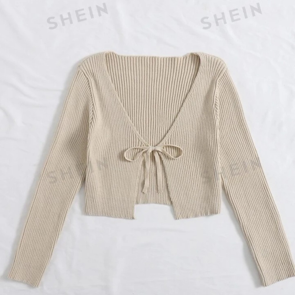 SHEIN Never Worn Tie Front Rib-knit Cardigan - Beige